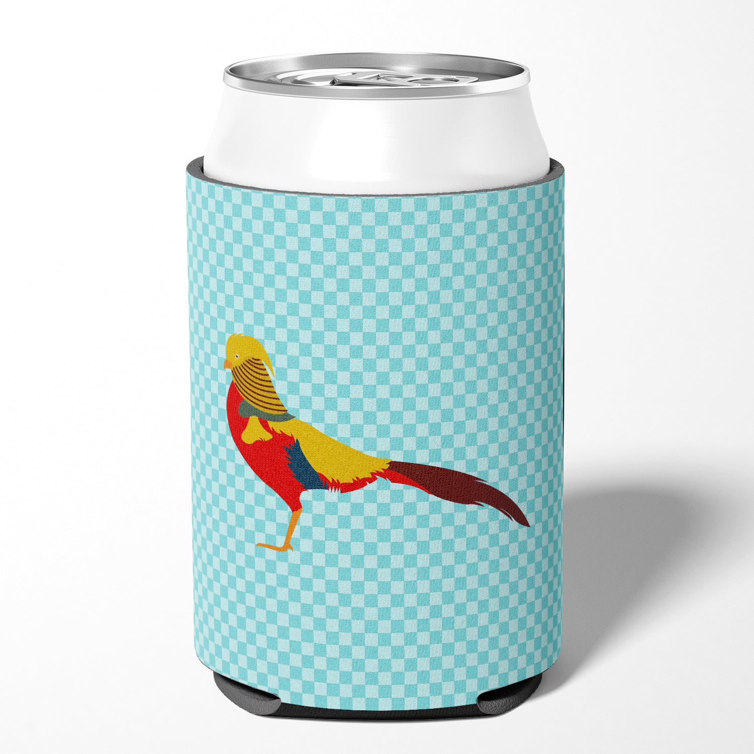 Golden or Chinese Pheasant Blue Check Can or Bottle Hugger  the-store.com.