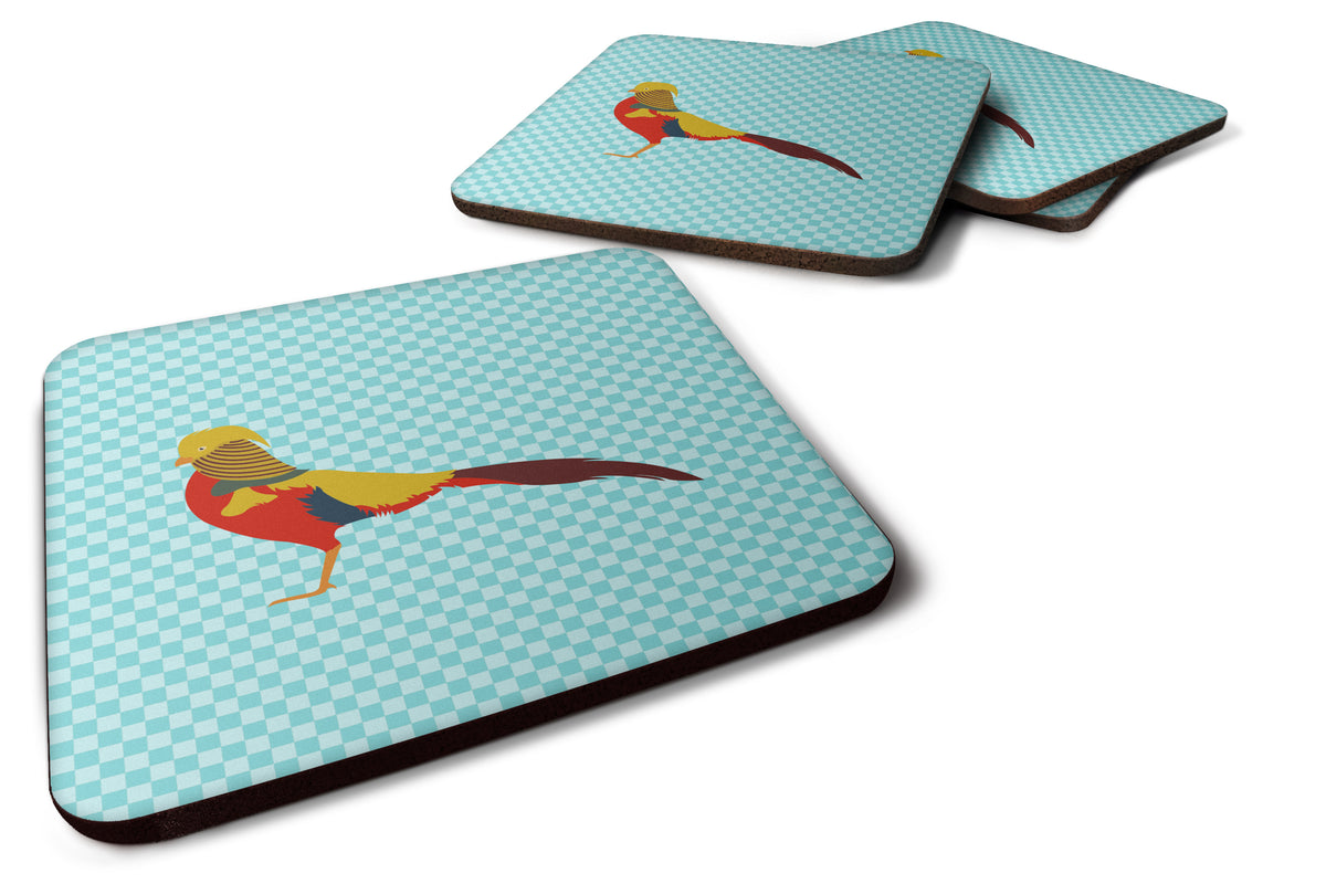 Golden or Chinese Pheasant Blue Check Foam Coaster Set of 4 BB8102FC - the-store.com