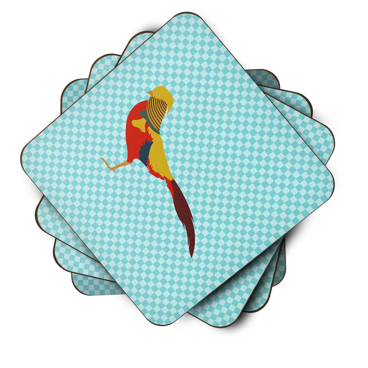 Golden or Chinese Pheasant Blue Check Foam Coaster Set of 4 BB8102FC - the-store.com