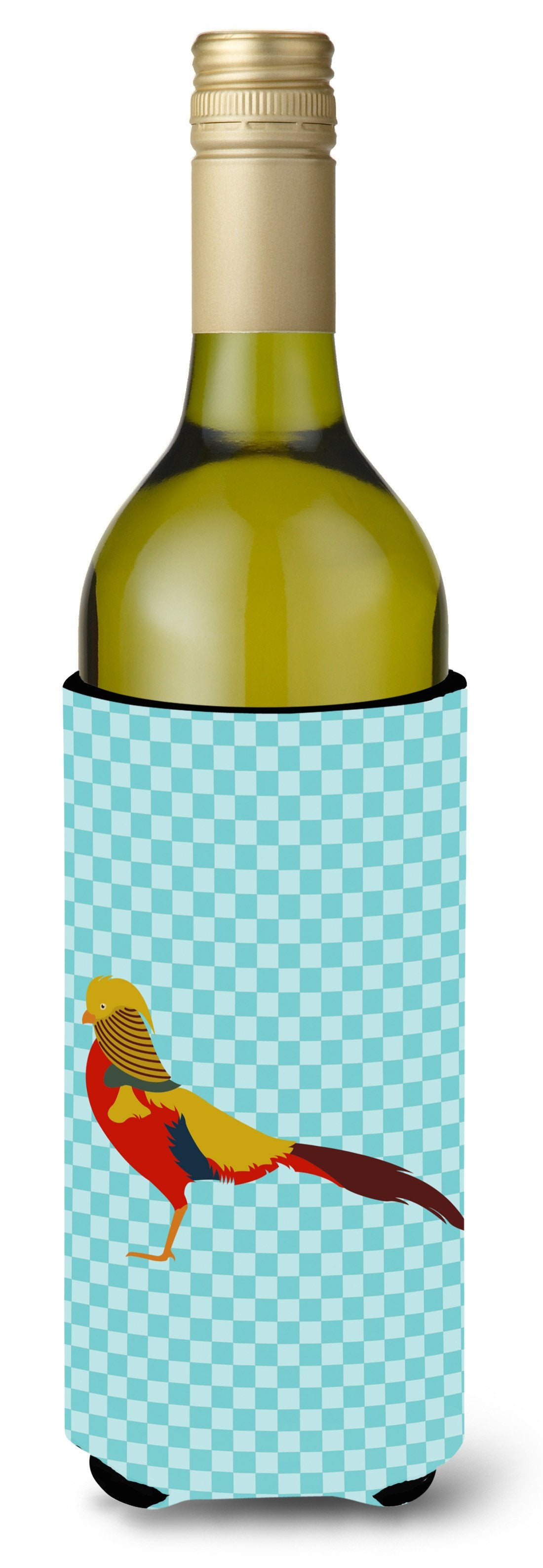 Golden or Chinese Pheasant Blue Check Wine Bottle Beverge Insulator Hugger BB8102LITERK by Caroline&#39;s Treasures