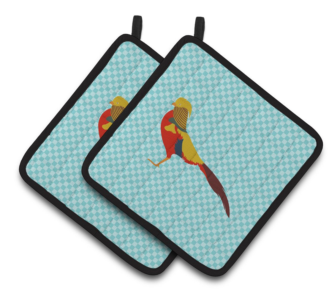 Golden or Chinese Pheasant Blue Check Pair of Pot Holders BB8102PTHD by Caroline&#39;s Treasures