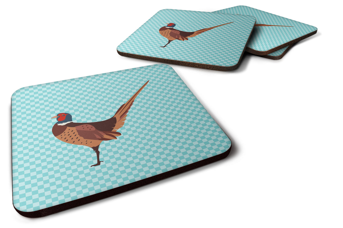 Ring-necked Common Pheasant Blue Check Foam Coaster Set of 4 BB8104FC - the-store.com