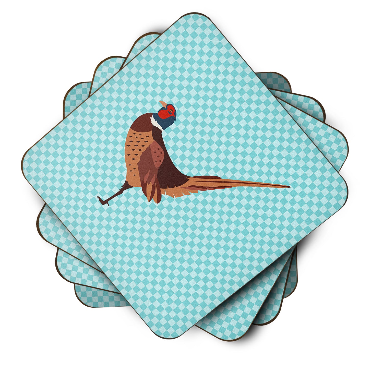 Ring-necked Common Pheasant Blue Check Foam Coaster Set of 4 BB8104FC - the-store.com