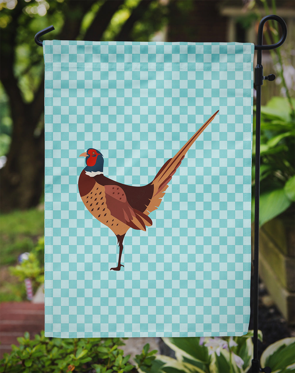 Ring-necked Common Pheasant Blue Check Flag Garden Size  the-store.com.