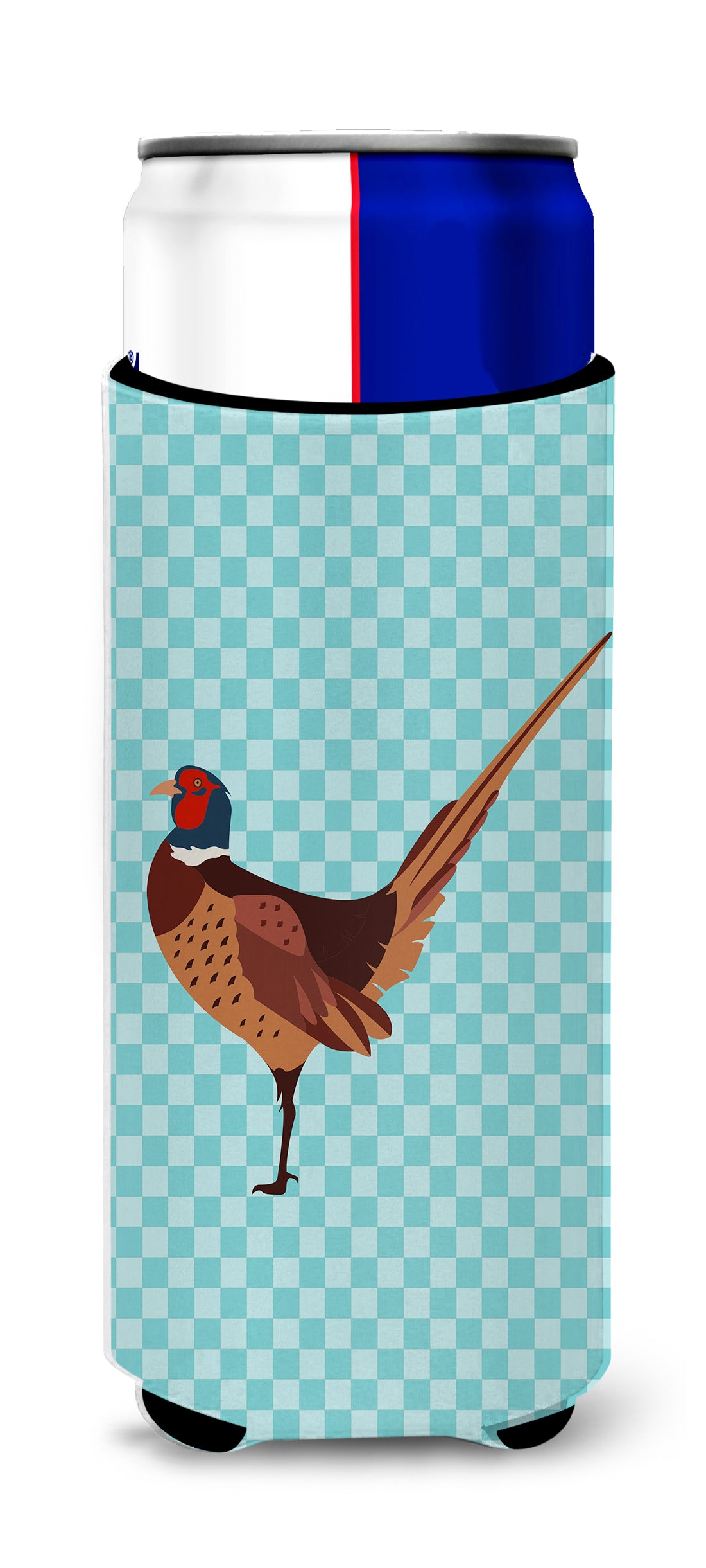 Ring-necked Common Pheasant Blue Check  Ultra Hugger for slim cans