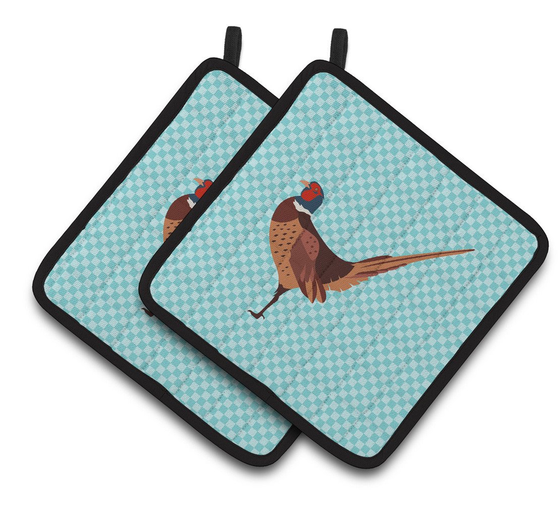 Ring-necked Common Pheasant Blue Check Pair of Pot Holders BB8104PTHD by Caroline&#39;s Treasures