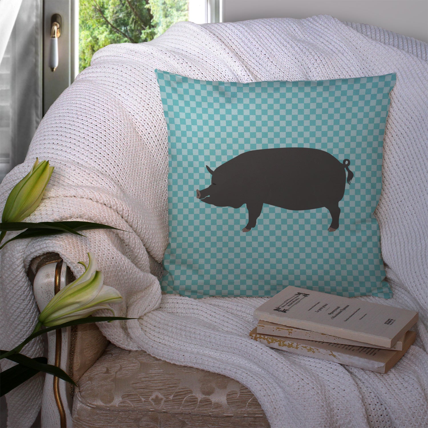 Berkshire Pig Blue Check Fabric Decorative Pillow BB8107PW1414 - the-store.com