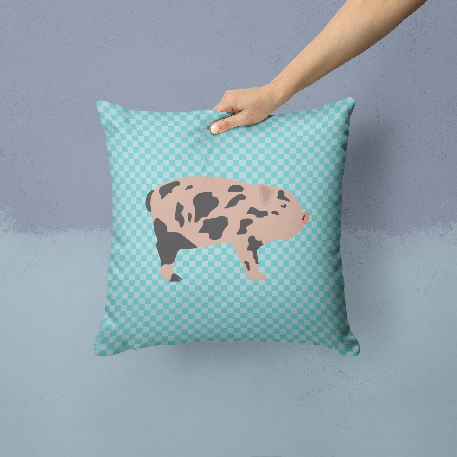 Mini Miniature Pig Blue Check Fabric Decorative Pillow BB8109PW1414 - the-store.com