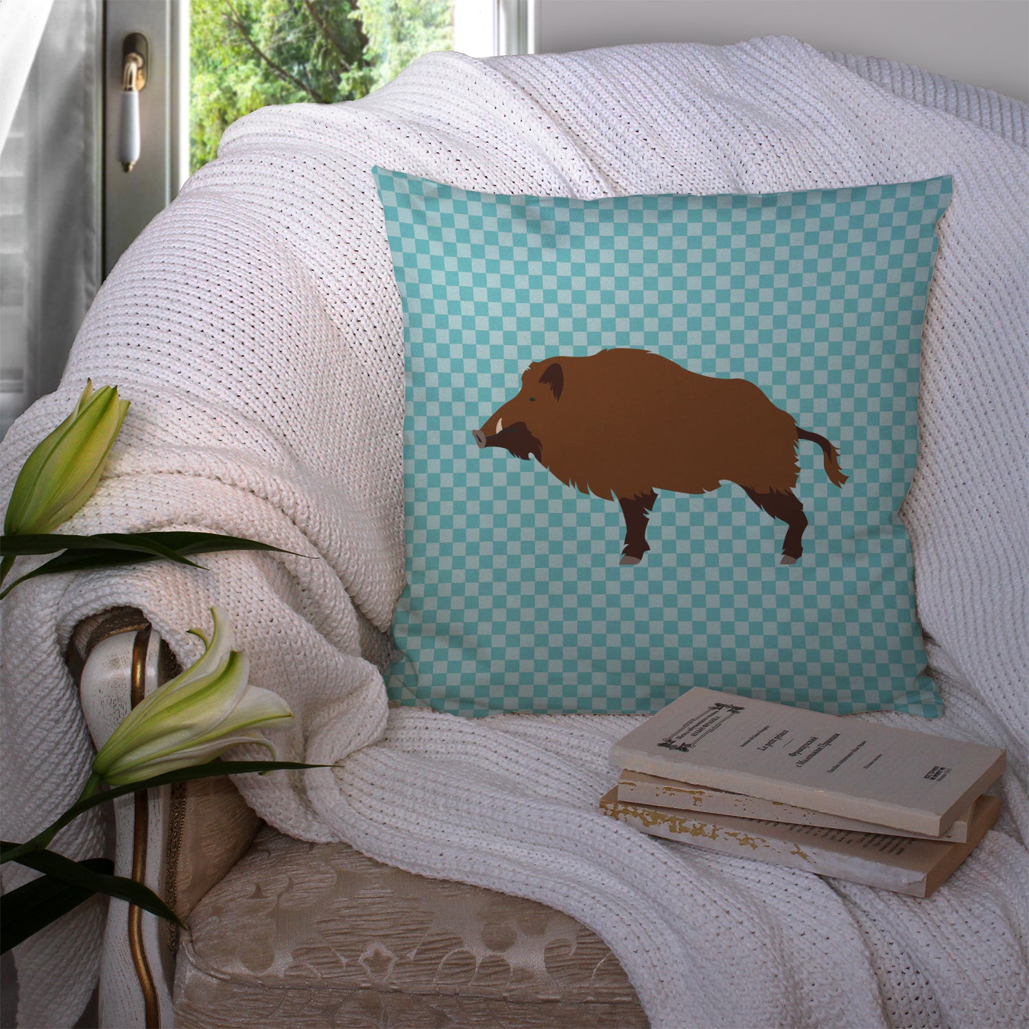 Wild Boar Pig Blue Check Fabric Decorative Pillow BB8110PW1414 - the-store.com