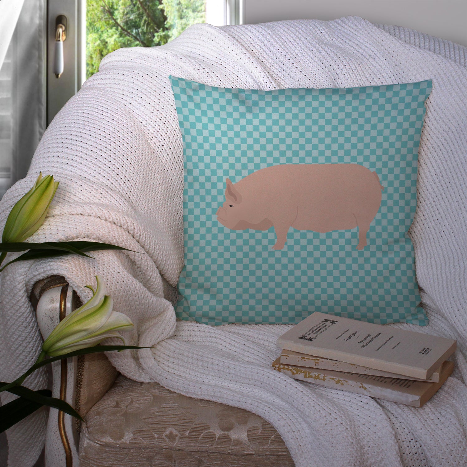 Welsh Pig Blue Check Fabric Decorative Pillow BB8111PW1414 - the-store.com