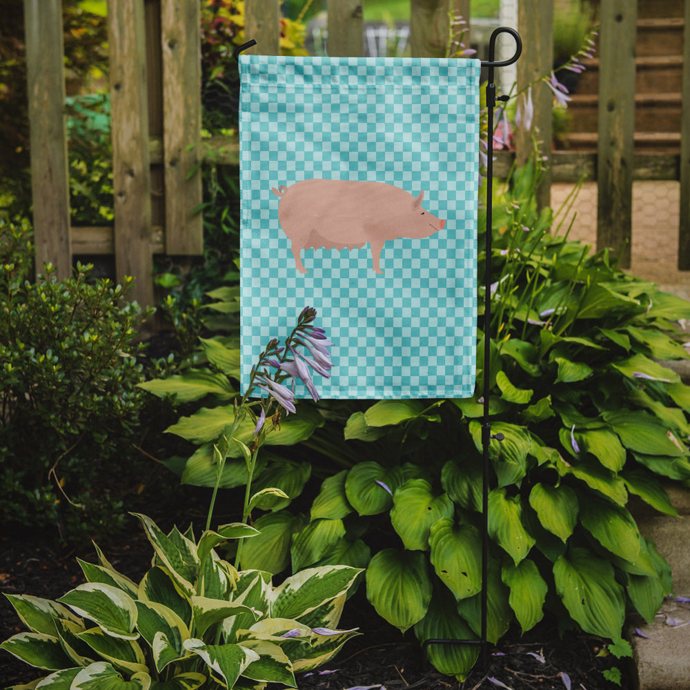 Grand cochon blanc anglais drapeau à carreaux bleu taille jardin
