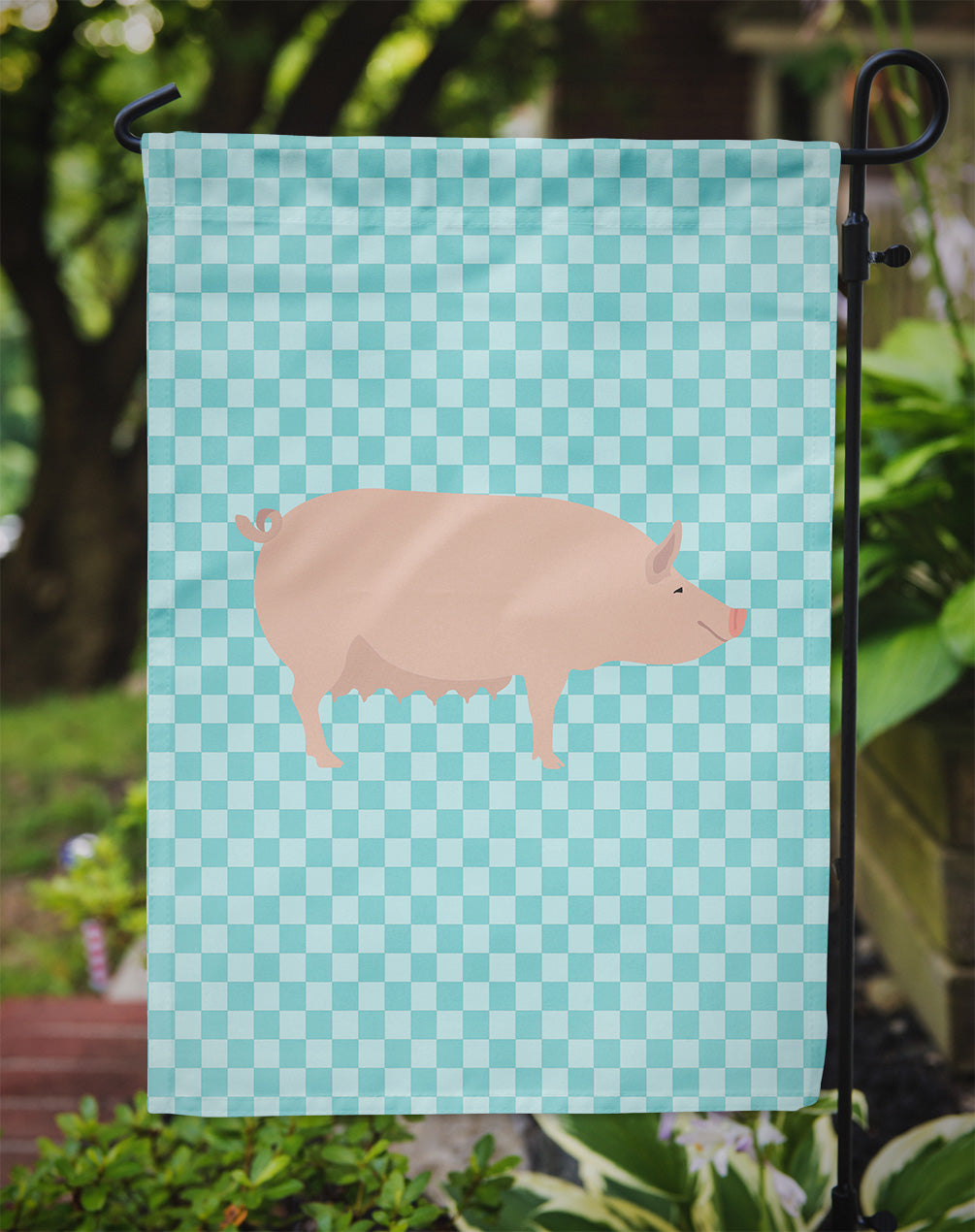 English Large White Pig Blue Check Flag Garden Size  the-store.com.