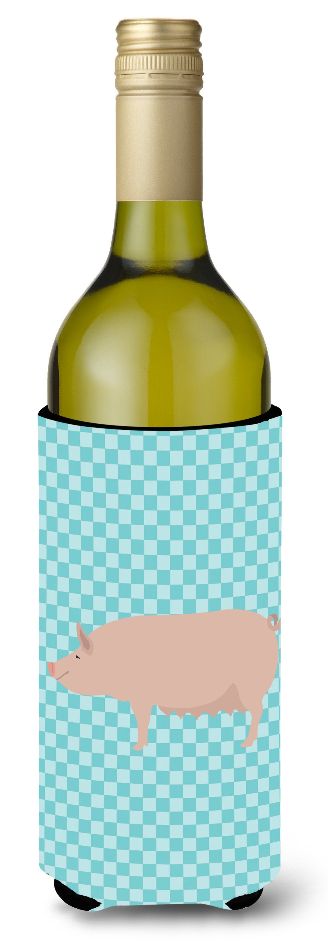 English Large White Pig Blue Check Wine Bottle Beverge Insulator Hugger BB8112LITERK by Caroline&#39;s Treasures