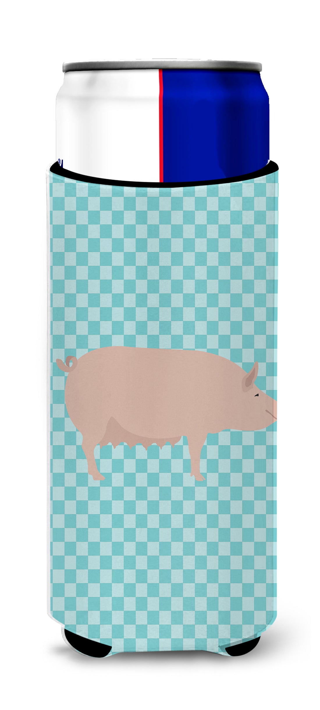 English Large White Pig Blue Check  Ultra Hugger for slim cans  the-store.com.
