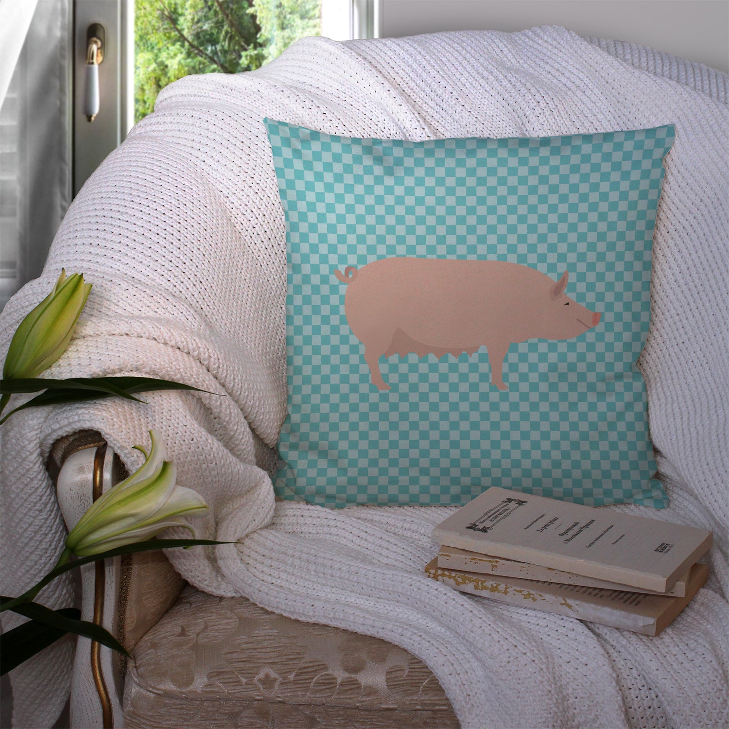 English Large White Pig Blue Check Fabric Decorative Pillow BB8112PW1414 - the-store.com