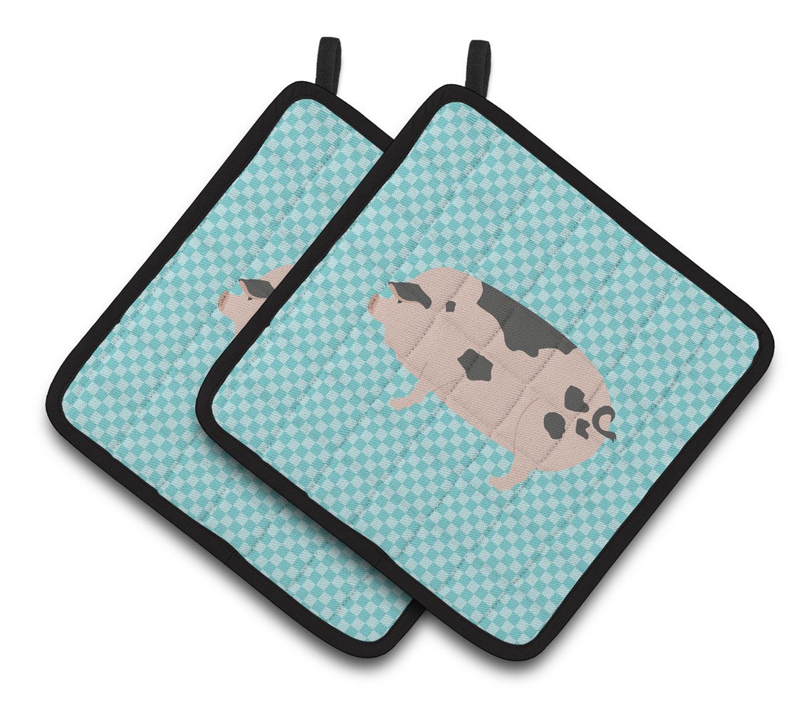 Gloucester Old Spot Pig Blue Check Pair of Pot Holders BB8114PTHD by Caroline&#39;s Treasures