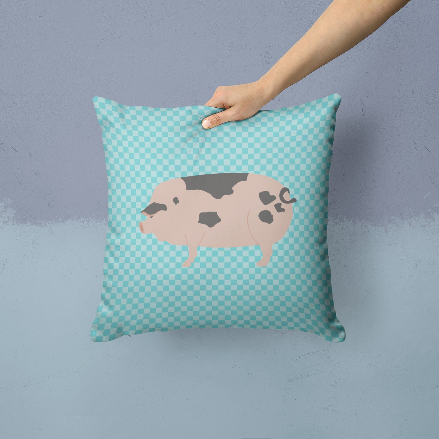 Gloucester Old Spot Pig Blue Check Fabric Decorative Pillow BB8114PW1414 - the-store.com