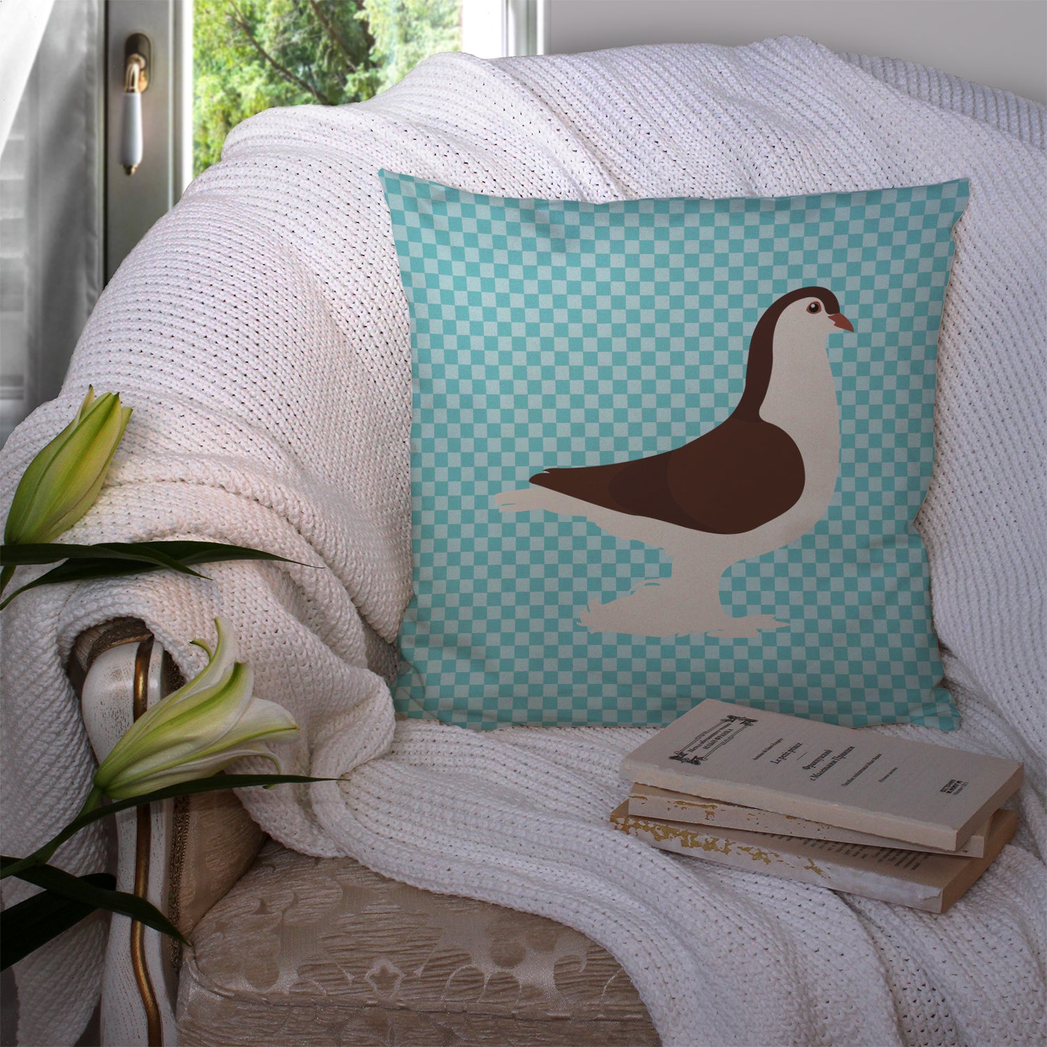 Large Pigeon Blue Check Fabric Decorative Pillow BB8117PW1414 - the-store.com