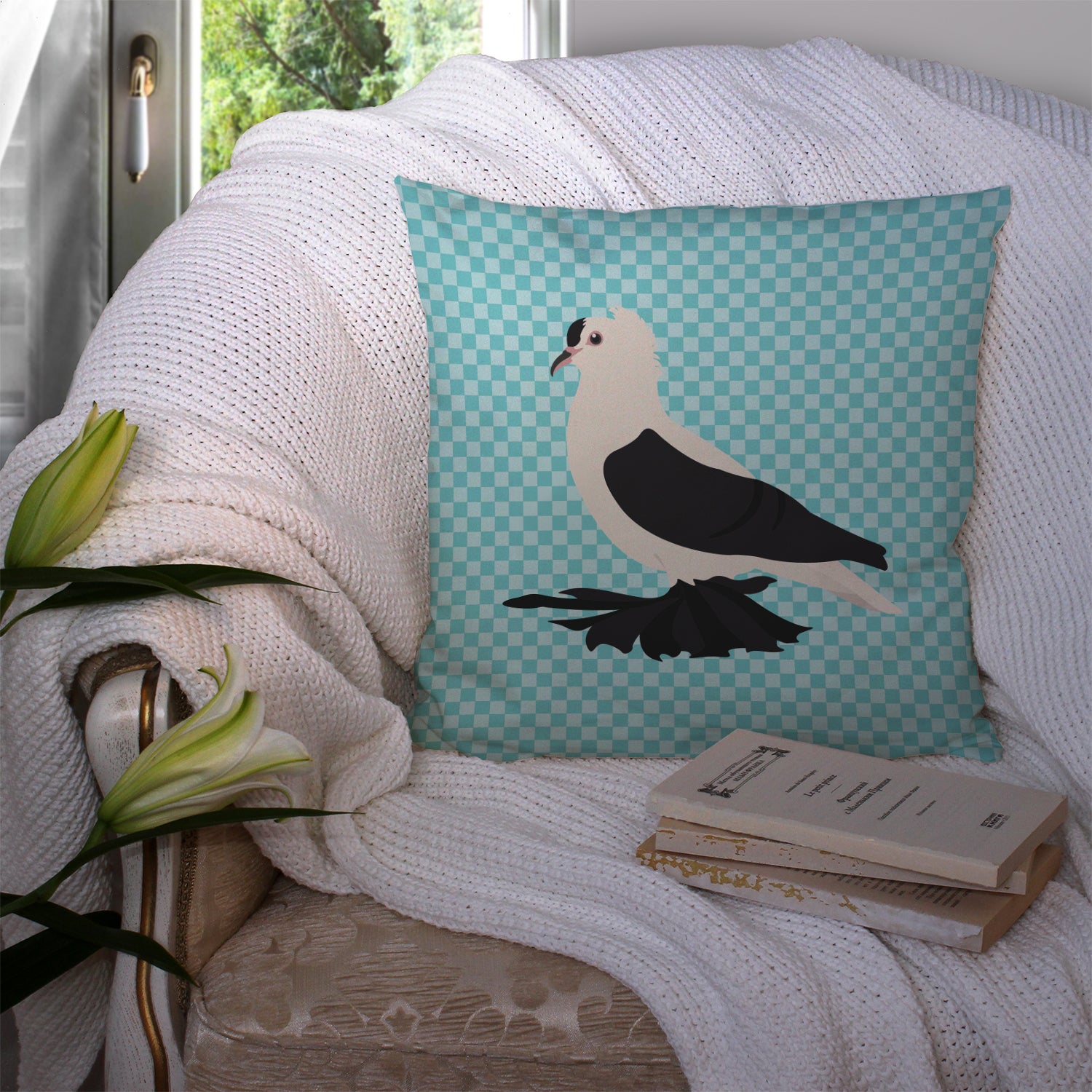 Saxon Fairy Swallow Pigeon Blue Check Fabric Decorative Pillow BB8120PW1414 - the-store.com