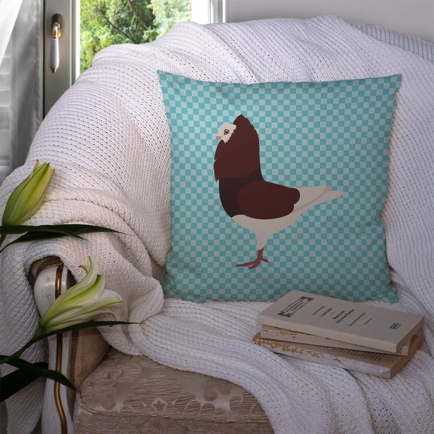 Capuchin Red Pigeon Blue Check Fabric Decorative Pillow BB8122PW1414 - the-store.com