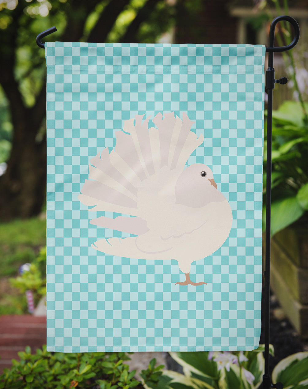 Silver Fantail Pigeon Blue Check Flag Garden Size  the-store.com.