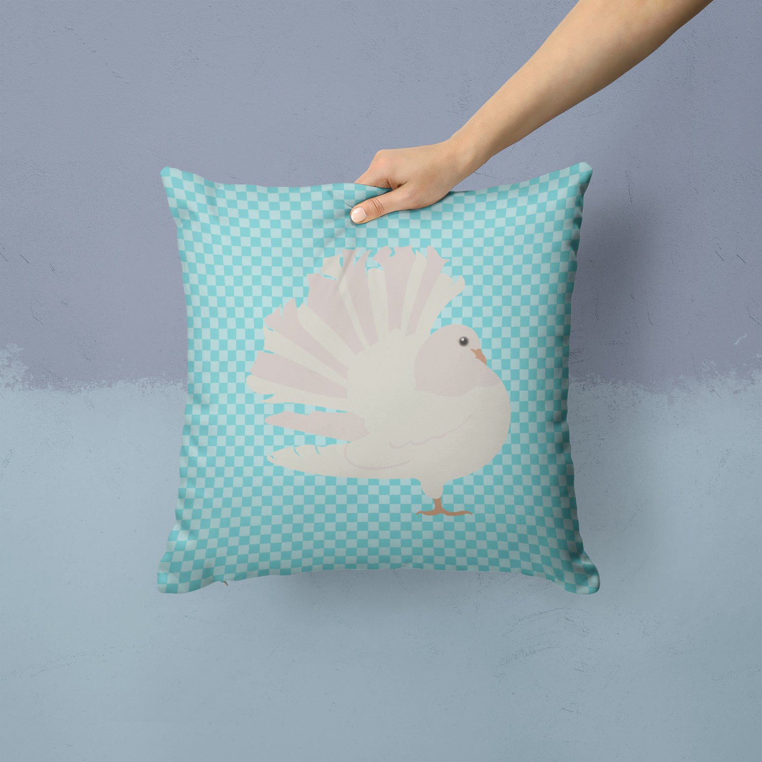 Silver Fantail Pigeon Blue Check Fabric Decorative Pillow BB8124PW1414 - the-store.com
