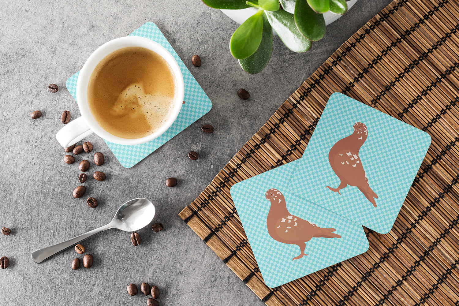 African Owl Pigeon Blue Check Foam Coaster Set of 4 BB8127FC - the-store.com