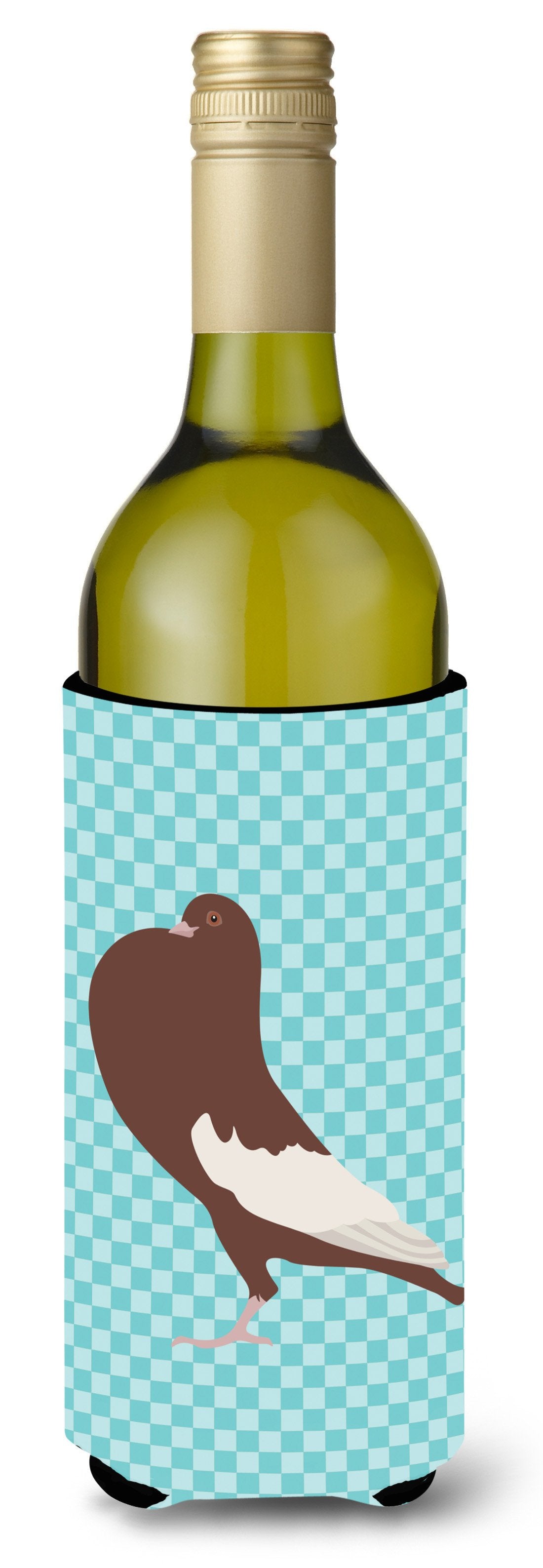 English Pouter Pigeon Blue Check Wine Bottle Beverge Insulator Hugger BB8128LITERK by Caroline&#39;s Treasures