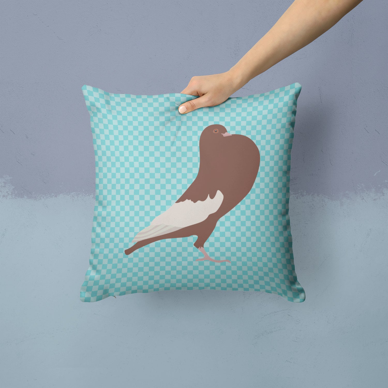 English Pouter Pigeon Blue Check Fabric Decorative Pillow BB8128PW1414 - the-store.com