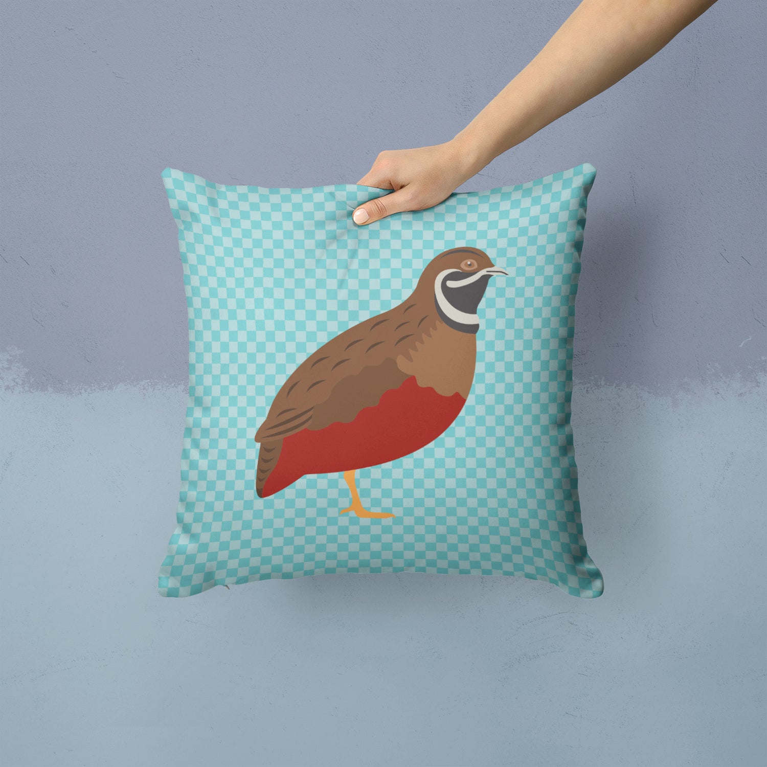 Chinese Painted or King Quail Blue Check Fabric Decorative Pillow BB8130PW1414 - the-store.com