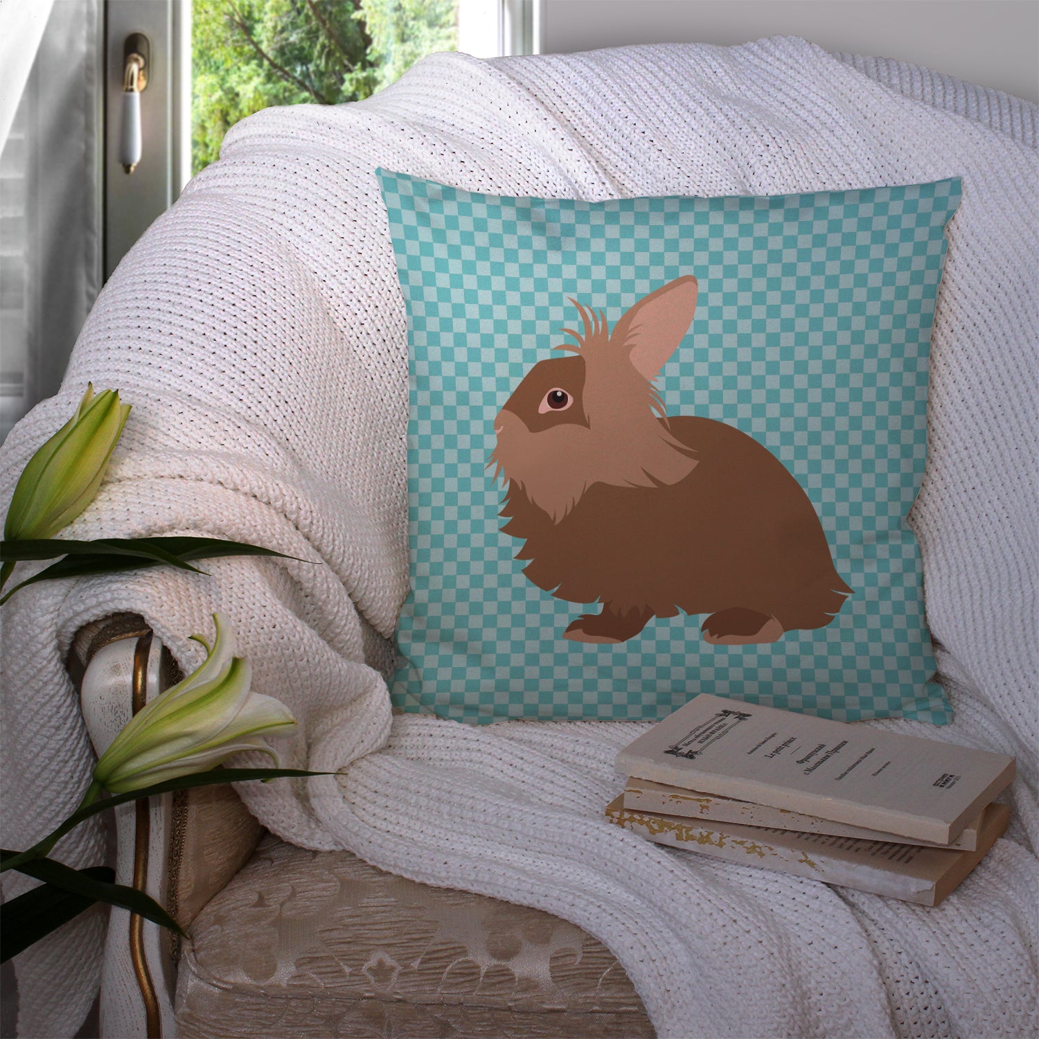 Lionhead Rabbit Blue Check Fabric Decorative Pillow BB8134PW1414 - the-store.com