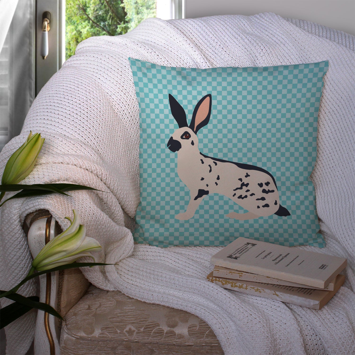 English Spot Rabbit Blue Check Fabric Decorative Pillow BB8135PW1414 - the-store.com