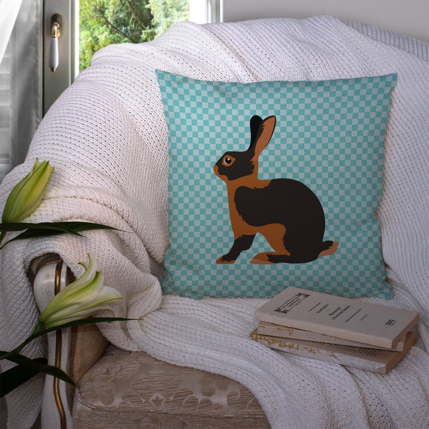 Tan Rabbit Blue Check Fabric Decorative Pillow BB8137PW1414 - the-store.com