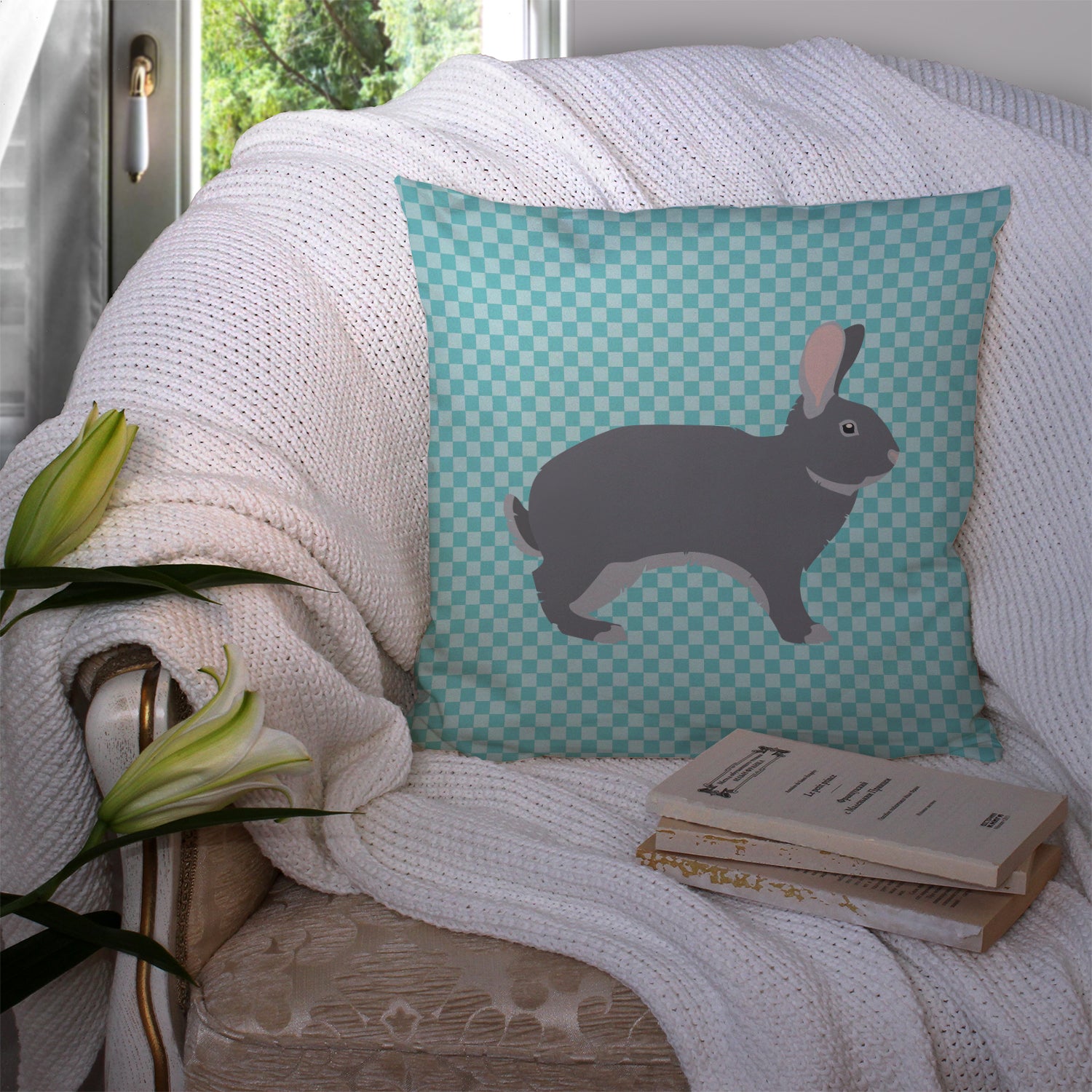 Giant Chinchilla Rabbit Blue Check Fabric Decorative Pillow BB8140PW1414 - the-store.com
