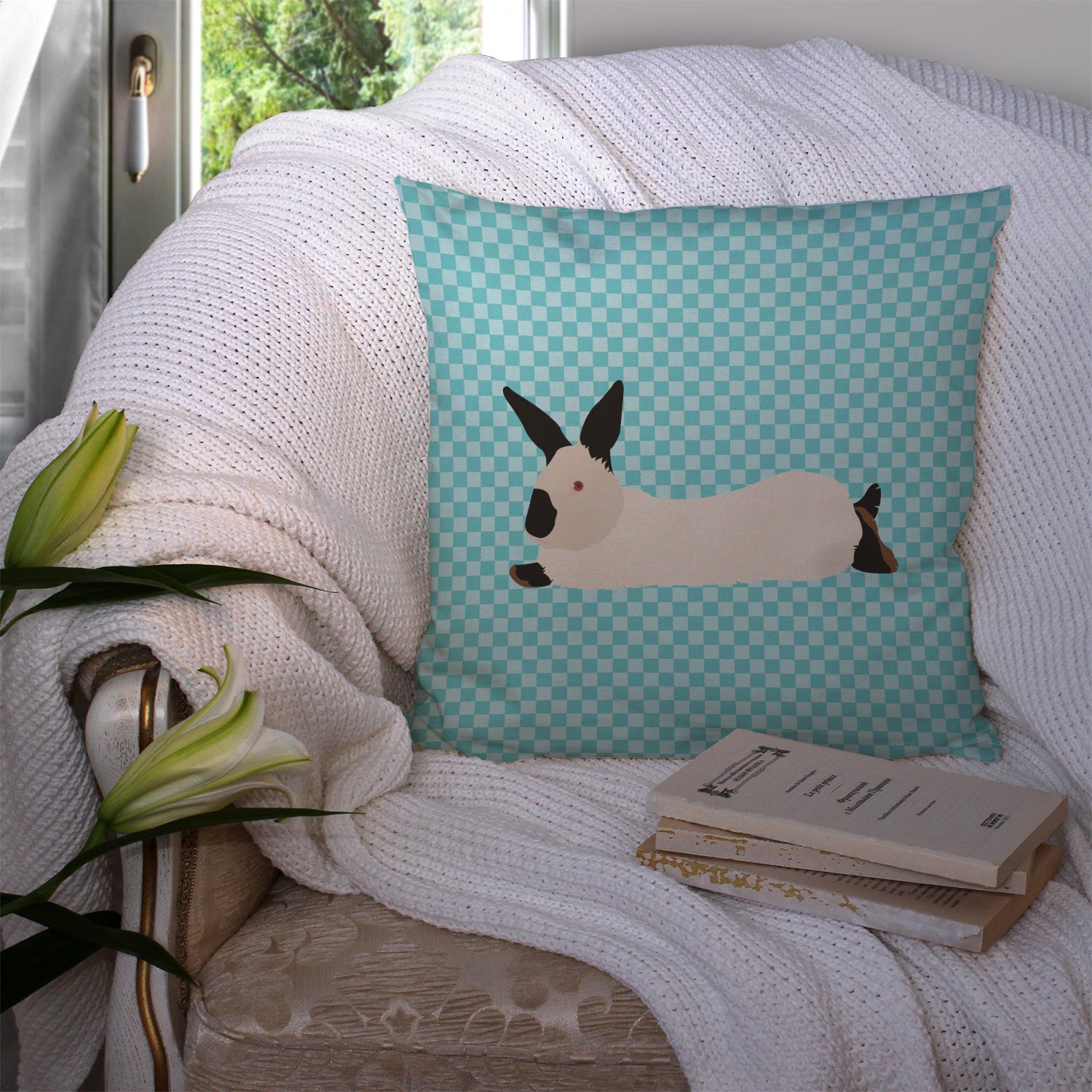 California White Rabbit Blue Check Fabric Decorative Pillow BB8141PW1414 - the-store.com