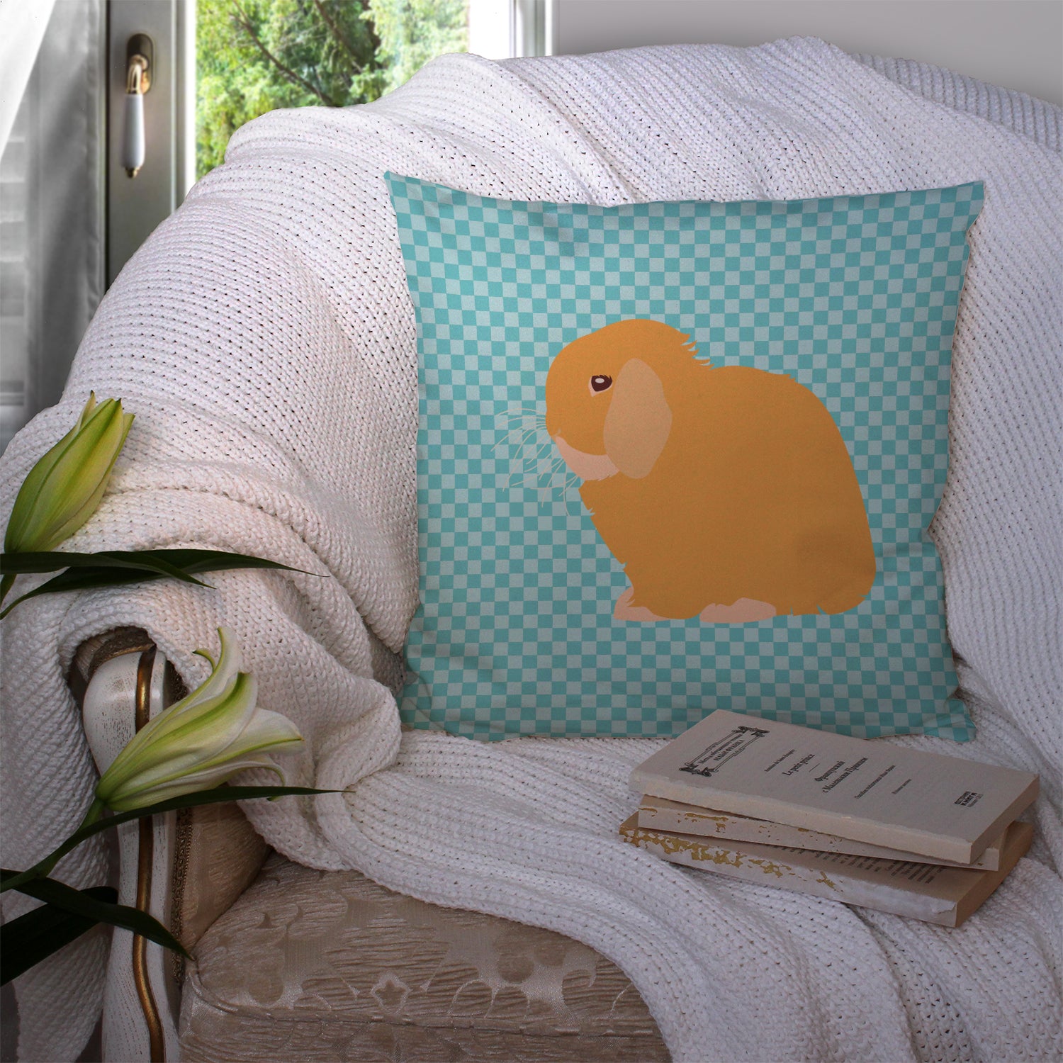 Holland Lop Rabbit Blue Check Fabric Decorative Pillow BB8142PW1414 - the-store.com
