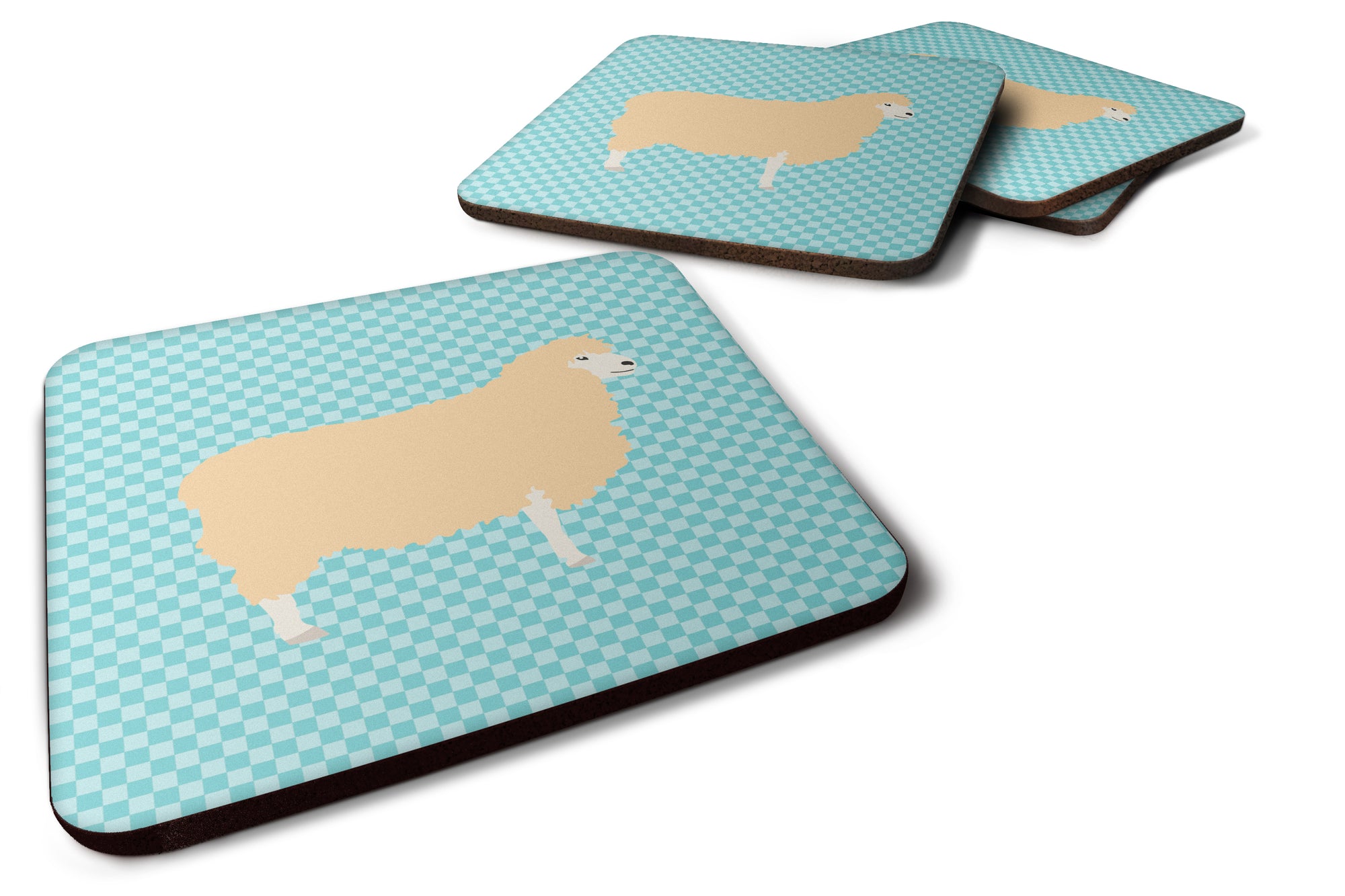 English Leicester Longwool Sheep Blue Check Foam Coaster Set of 4 BB8148FC - the-store.com