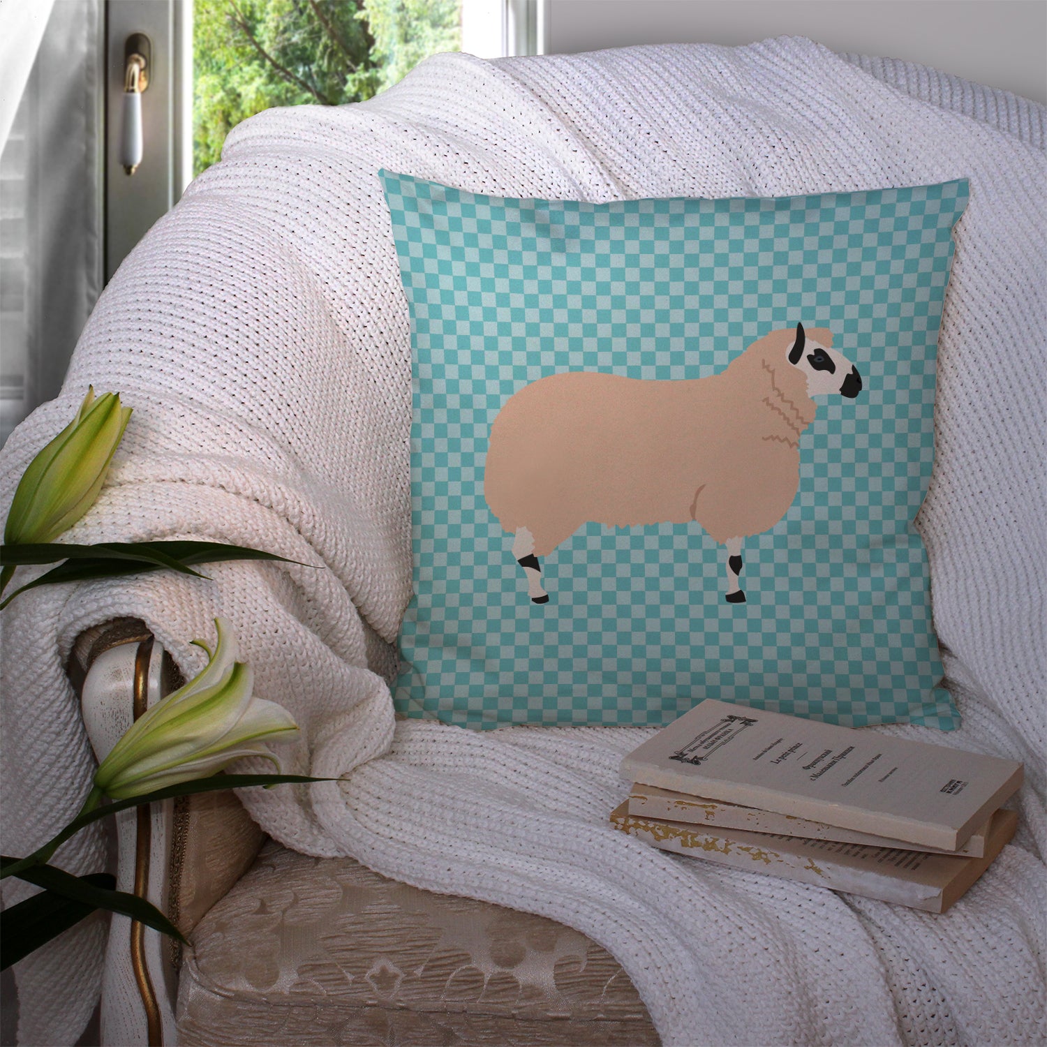 Kerry Hill Sheep Blue Check Fabric Decorative Pillow BB8153PW1414 - the-store.com