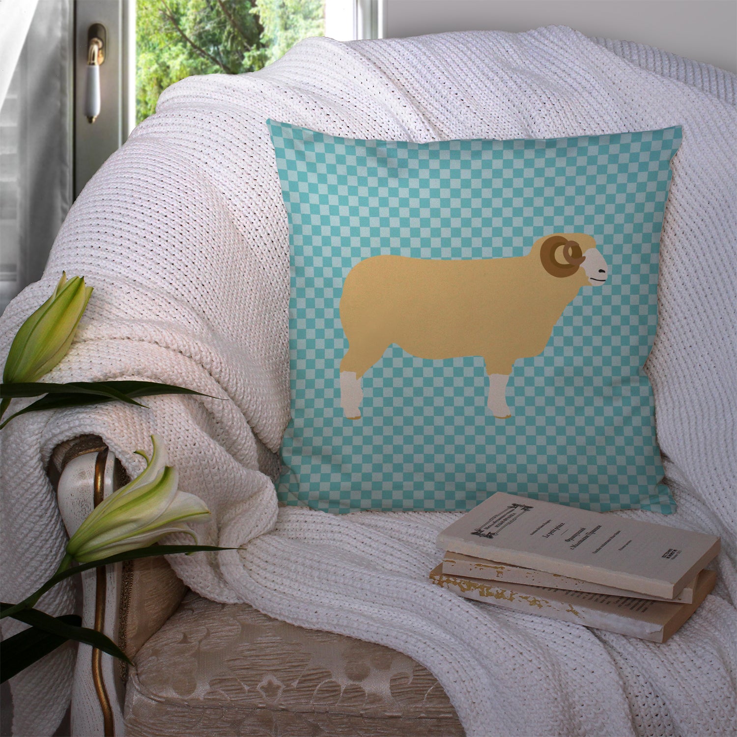 Horned Dorset Sheep Blue Check Fabric Decorative Pillow BB8154PW1414 - the-store.com