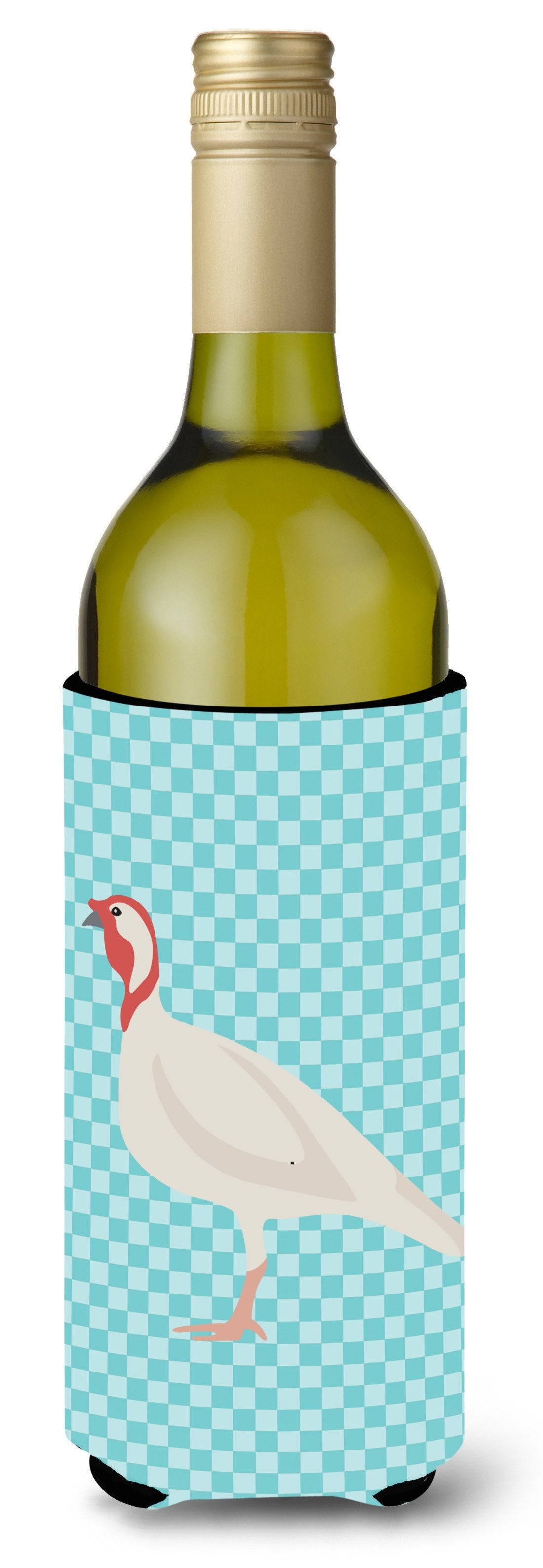 Beltsville Small White Turkey Hen Blue Check Wine Bottle Beverge Insulator Hugger BB8163LITERK by Caroline&#39;s Treasures