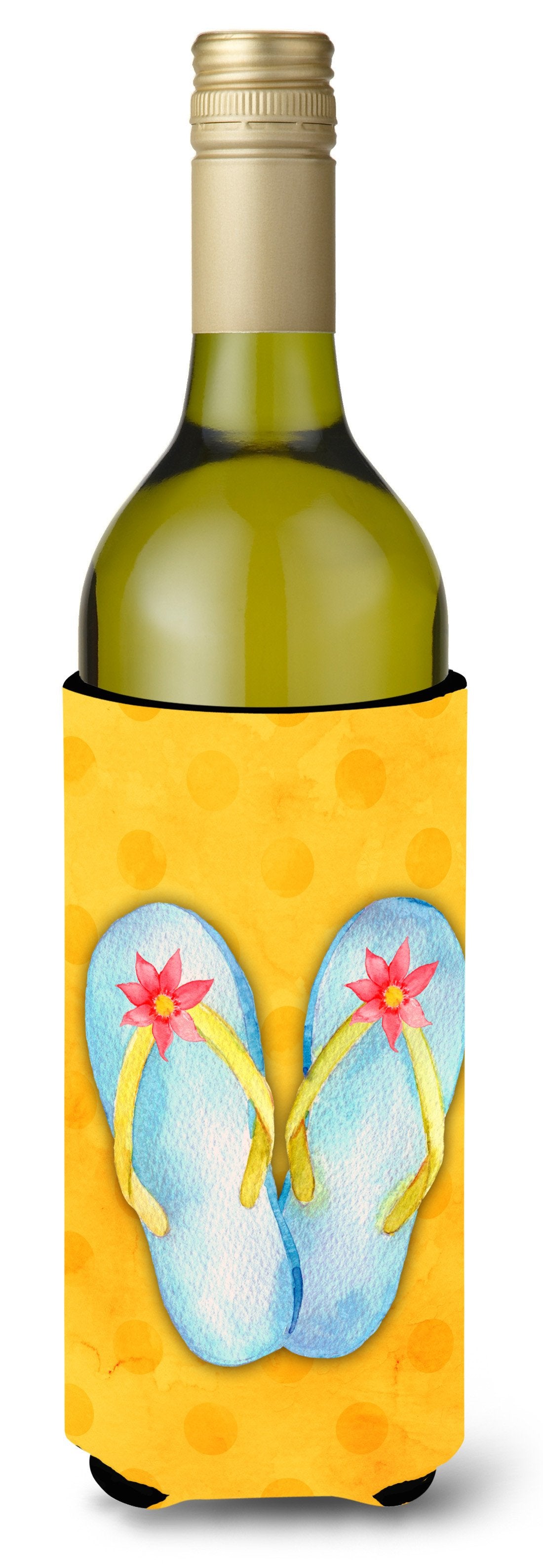 Flip Flops Yellow Polkadot Wine Bottle Beverge Insulator Hugger BB8182LITERK by Caroline&#39;s Treasures