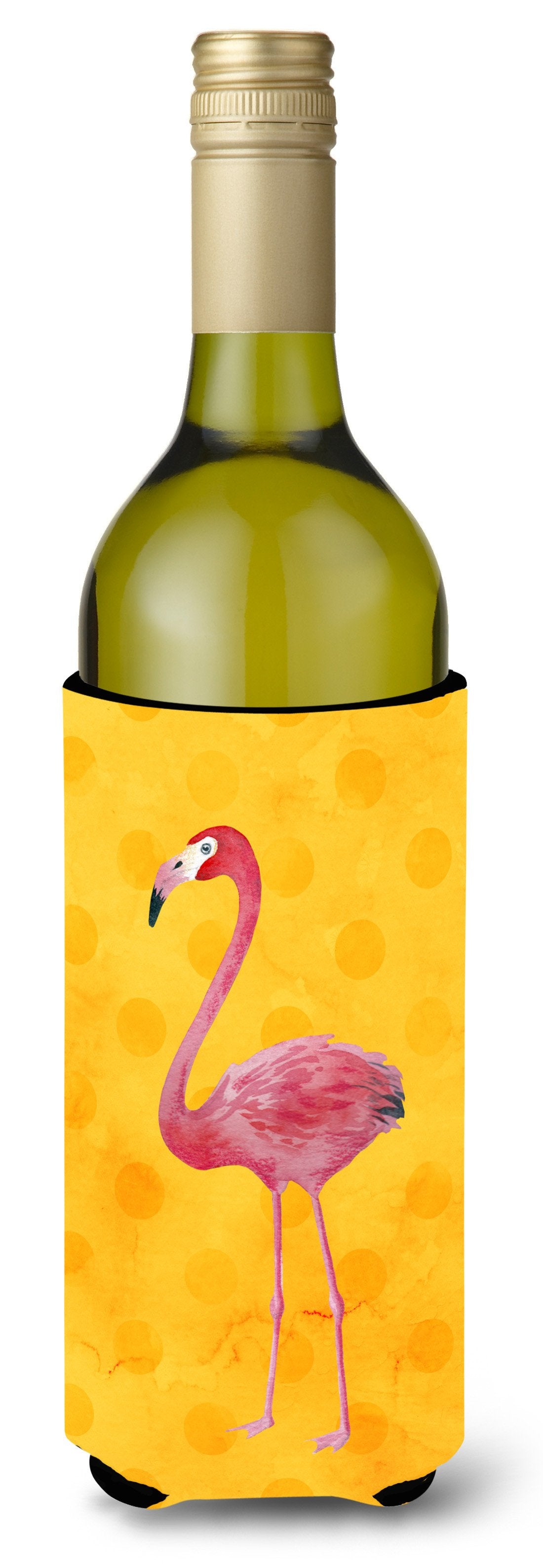 Flamingo Yellow Polkadot Wine Bottle Beverge Insulator Hugger BB8187LITERK by Caroline&#39;s Treasures