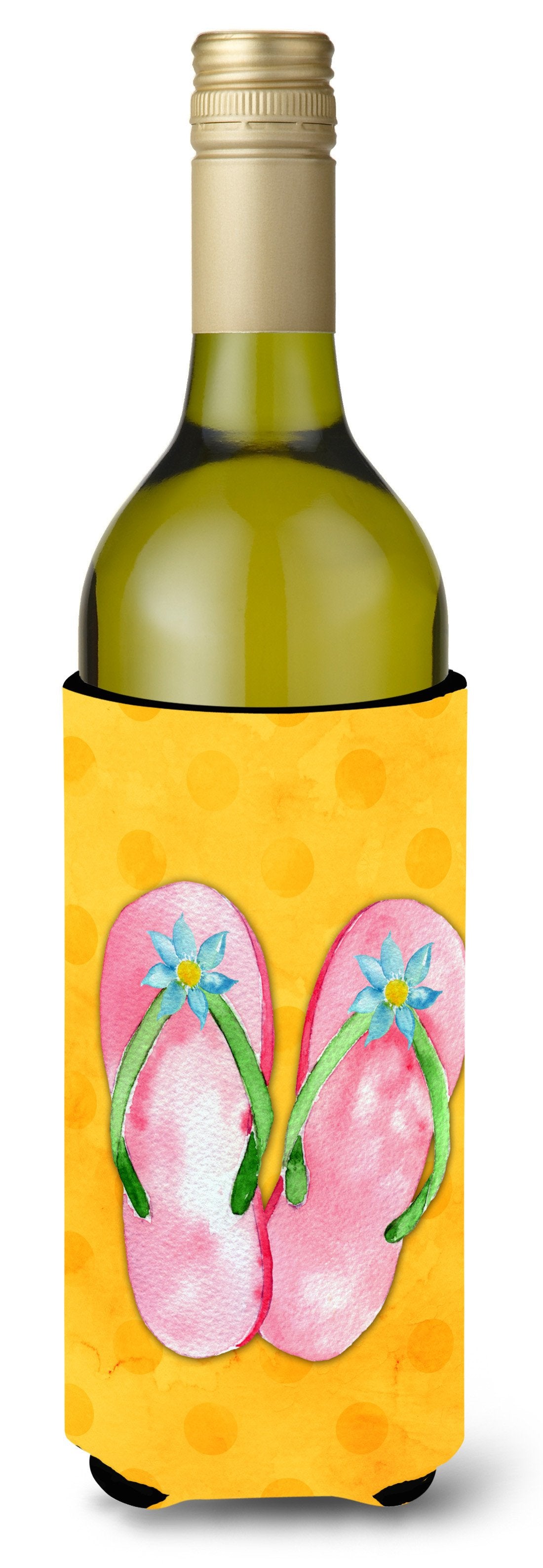 Pink Flip Flops Yellow Polkadot Wine Bottle Beverge Insulator Hugger BB8222LITERK by Caroline&#39;s Treasures