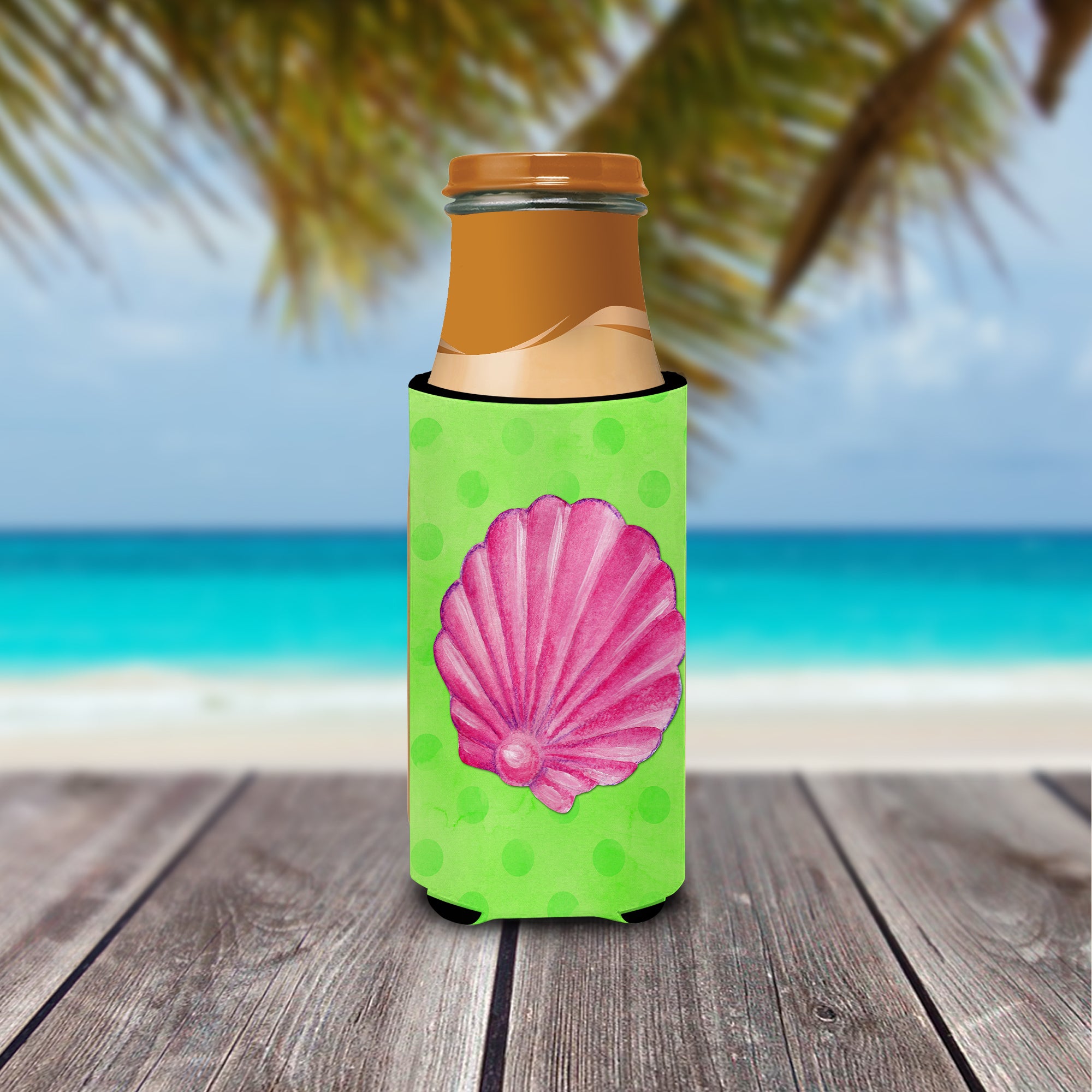 Pink Sea Shell Green Polkadot  Ultra Hugger for slim cans BB8240MUK