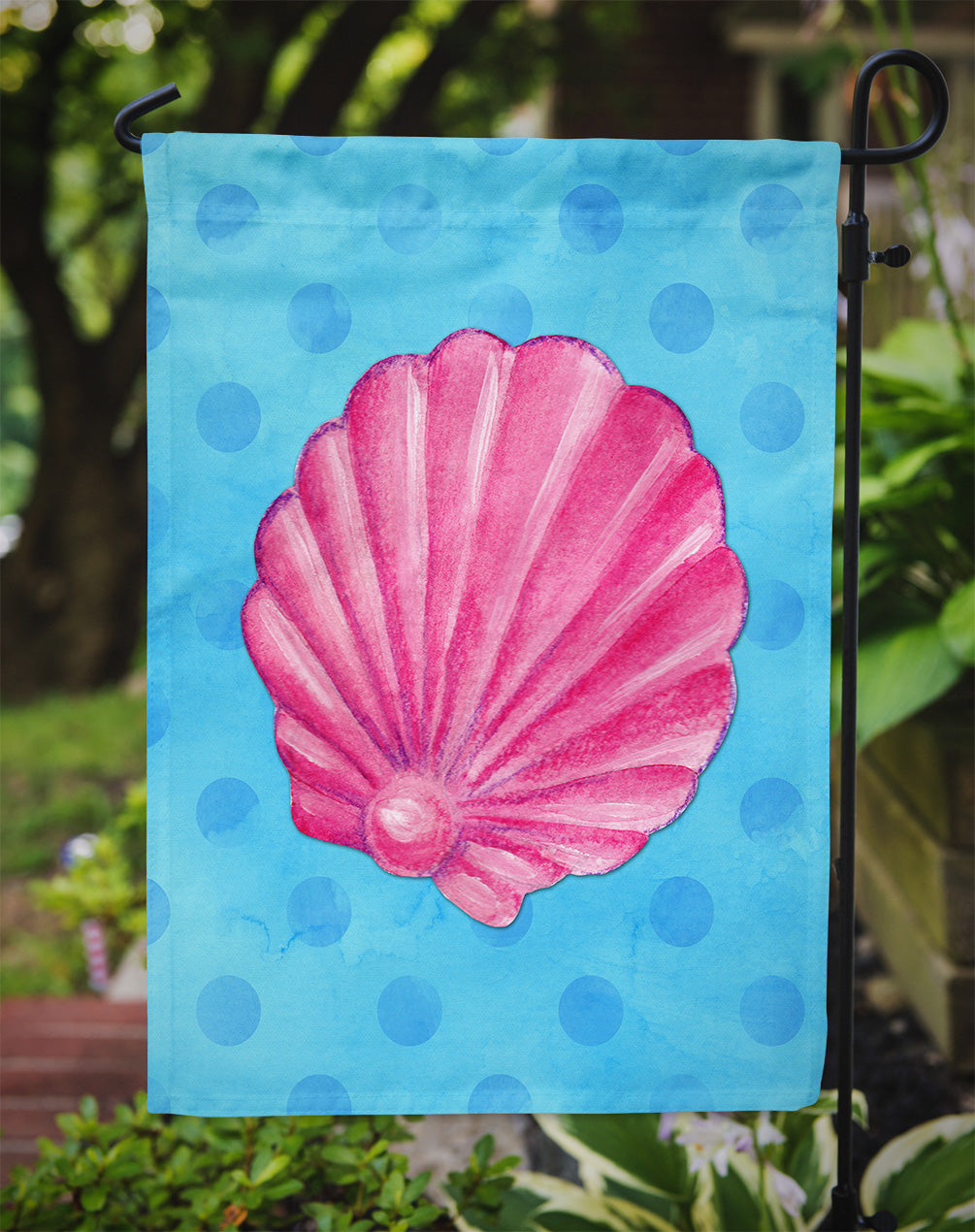 Pink Sea Shell Blue Polkadot Flag Garden Size BB8241GF