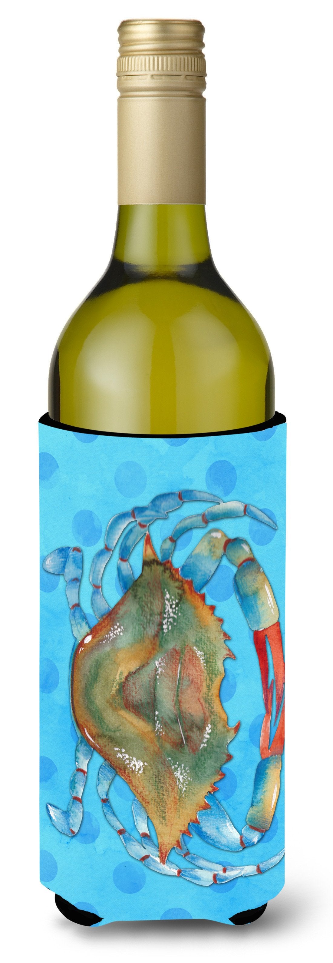Blue Crab Blue Polkadot Wine Bottle Beverge Insulator Hugger BB8246LITERK by Caroline&#39;s Treasures