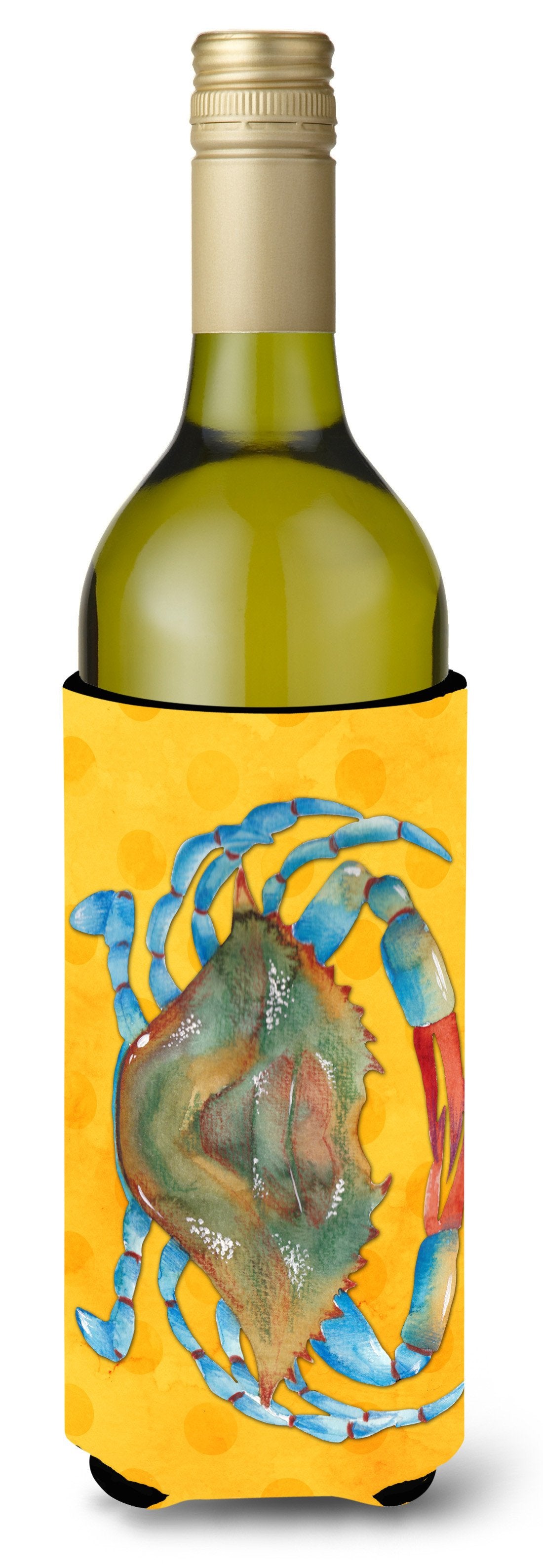 Blue Crab Yellow Polkadot Wine Bottle Beverge Insulator Hugger BB8247LITERK by Caroline&#39;s Treasures