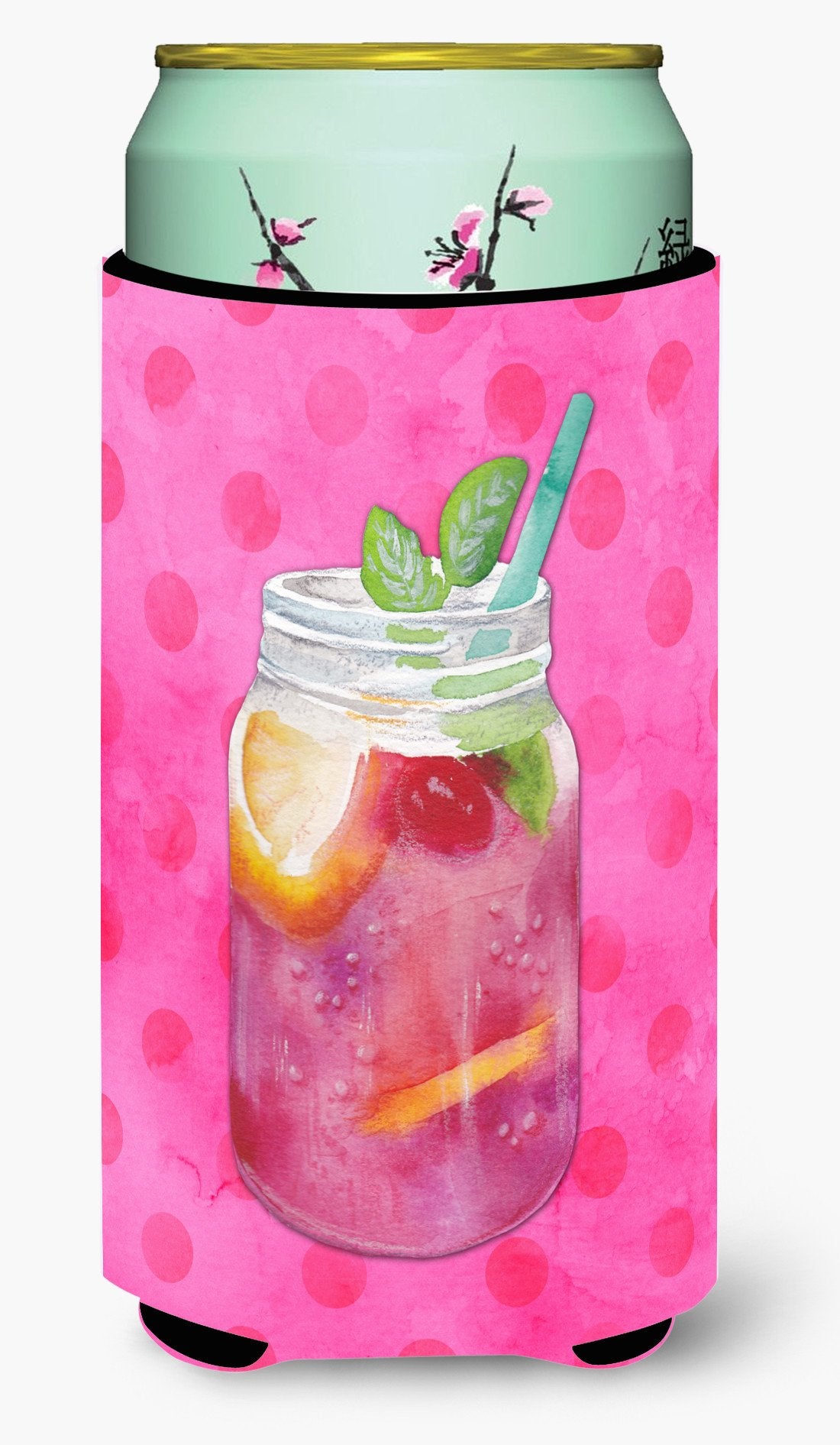 Mason Jar Cocktail Pink Polkadot Tall Boy Beverage Insulator Hugger BB8254TBC by Caroline&#39;s Treasures