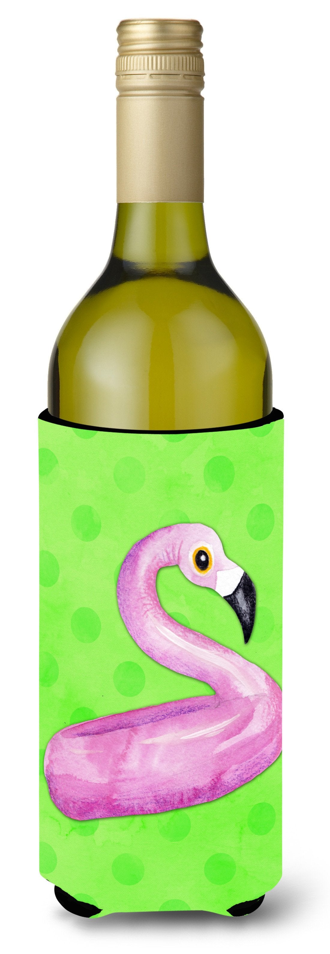 Flamingo Floaty Green Polkadot Wine Bottle Beverge Insulator Hugger BB8255LITERK by Caroline&#39;s Treasures