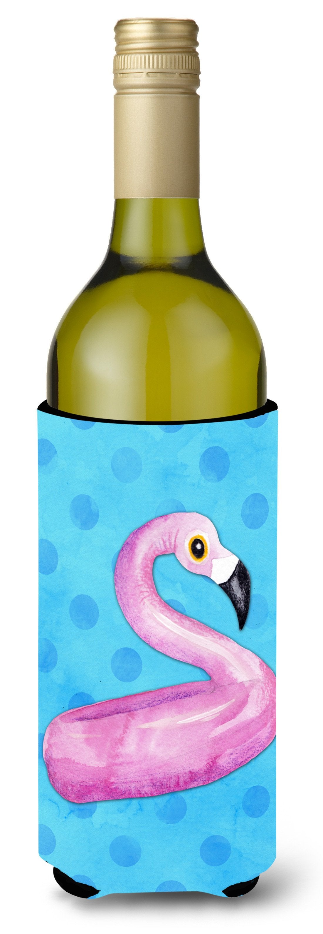 Flamingo Floaty Blue Polkadot Wine Bottle Beverge Insulator Hugger BB8256LITERK by Caroline&#39;s Treasures